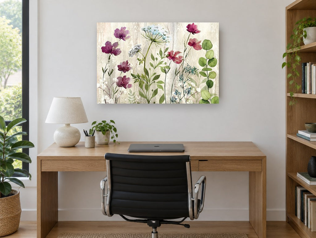 Meadow Blooms on Timber floral canvas print on the wall of a study