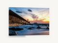 Lighthouse Wall at Dusk, lighthouse seawall sunset seascape photograph, coastal canvas wall art print ready to hang