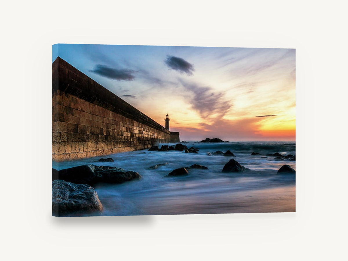 Lighthouse Wall at Dusk, lighthouse seawall sunset seascape photograph, coastal canvas wall art print ready to hang