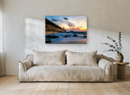 Lighthouse Wall at Dusk coastal canvas print on the wall of a living room