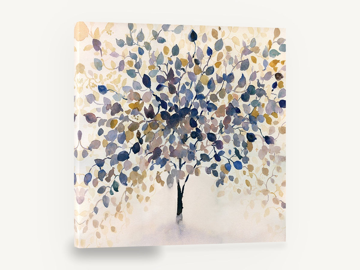 Indigo Leaf Canopy, watercolour tree blue gold leaves, landscape canvas wall art print ready to hang