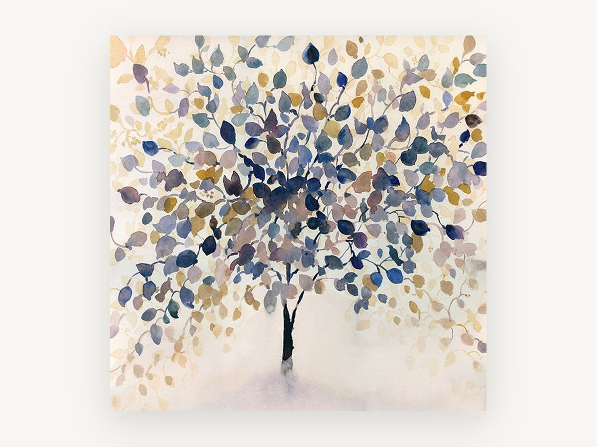 Indigo Leaf Canopy, watercolour tree blue gold leaves, landscape canvas wall art print, front view