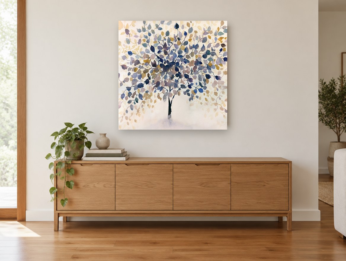 Indigo Leaf Canopy landscape canvas print on the wall of a living room above a sideboard