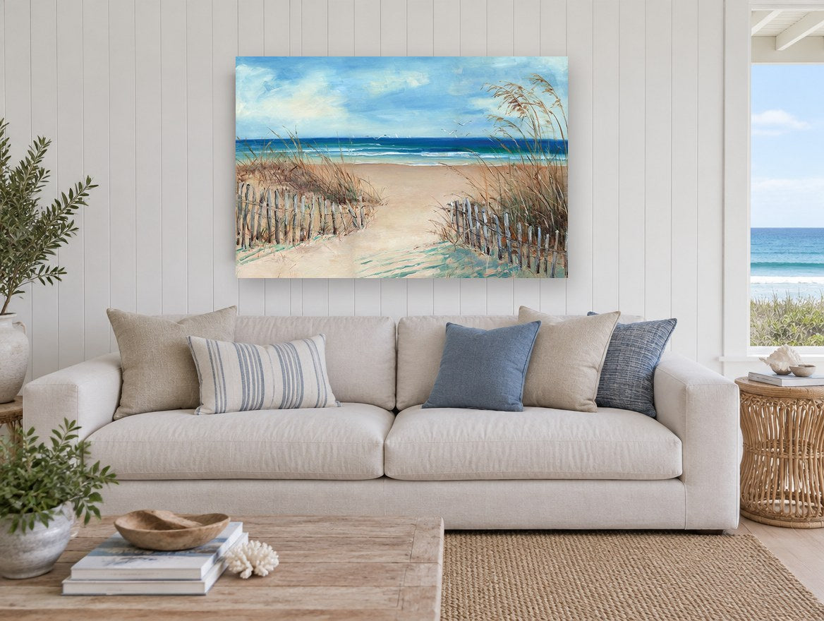 Dune Path to the Sea coastal canvas print on the wall of a beach house living room