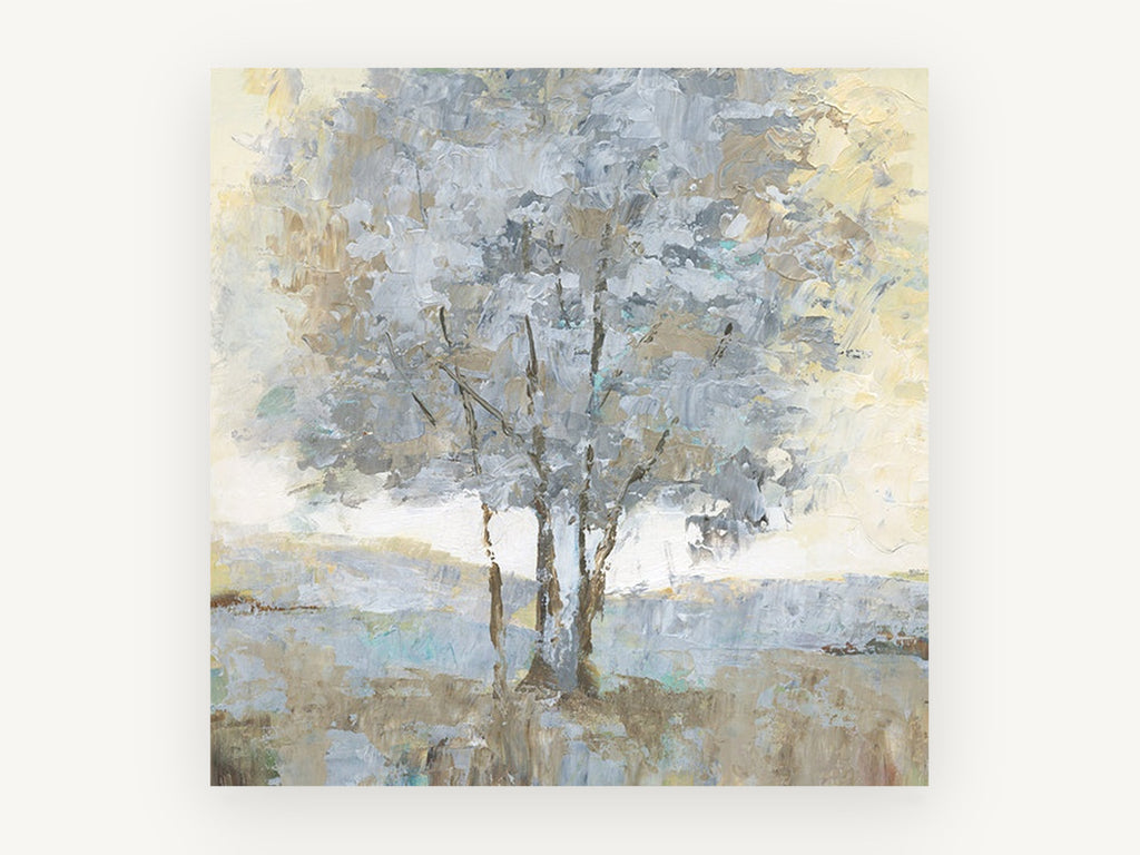 Silver Birch Haze, pale tree abstract landscape painting, landscape canvas wall art print, front view