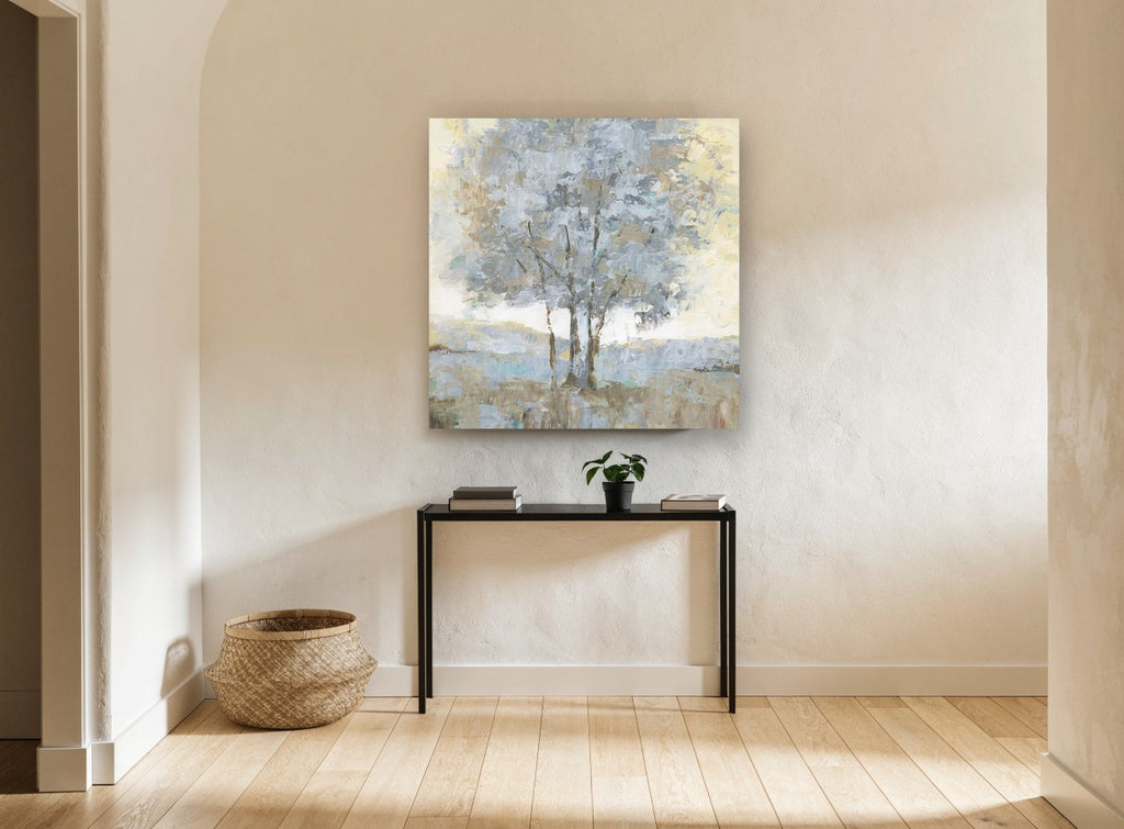 Silver Birch Haze landscape canvas print on the wall of a hallway