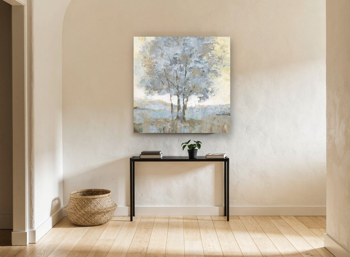 Silver Birch Haze landscape canvas print on the wall of a hallway