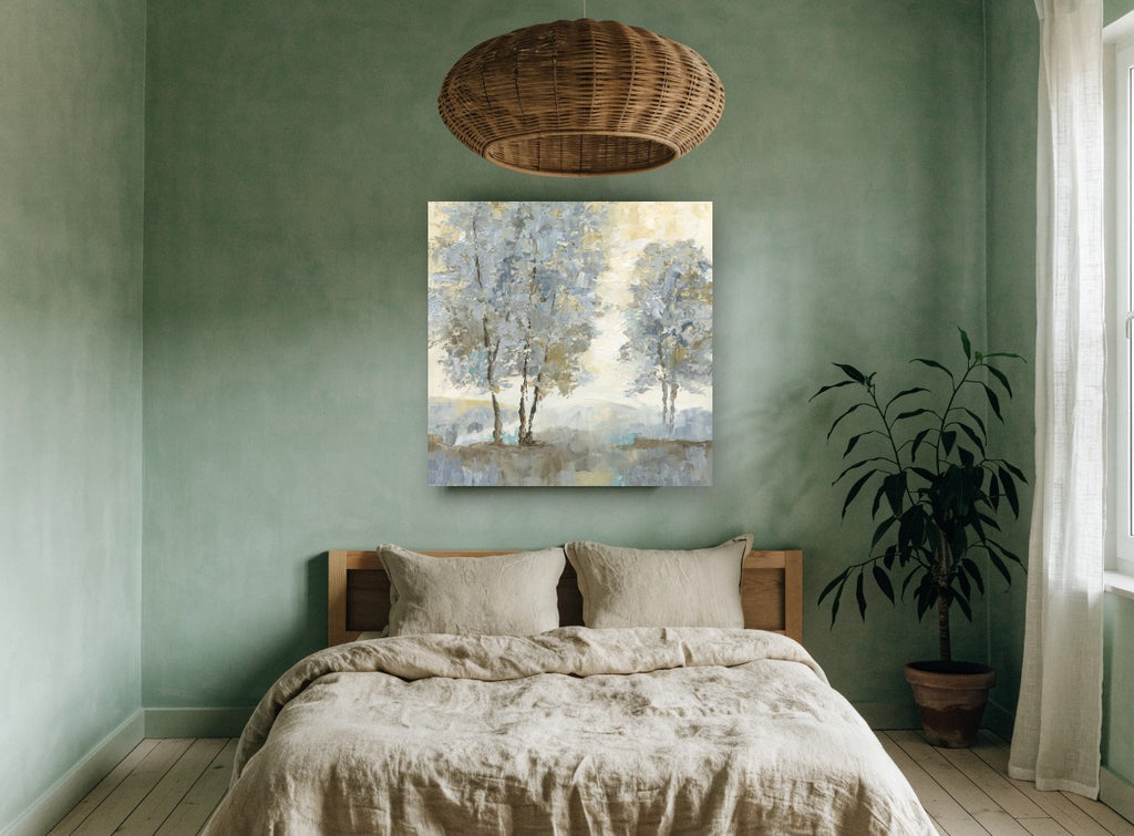 Misty Ochre Birch Grove landscape canvas print on the wall of a bedroom