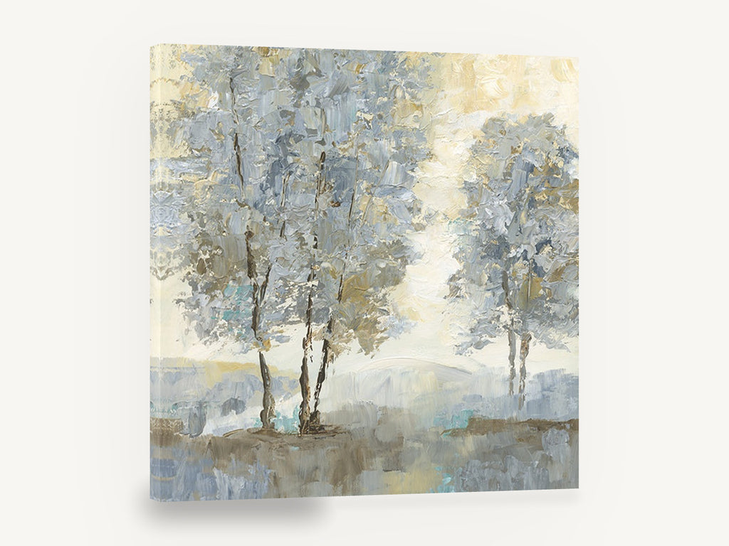 Misty Ochre Birch Grove, soft grey trees textured landscape, landscape canvas wall art print ready to hang