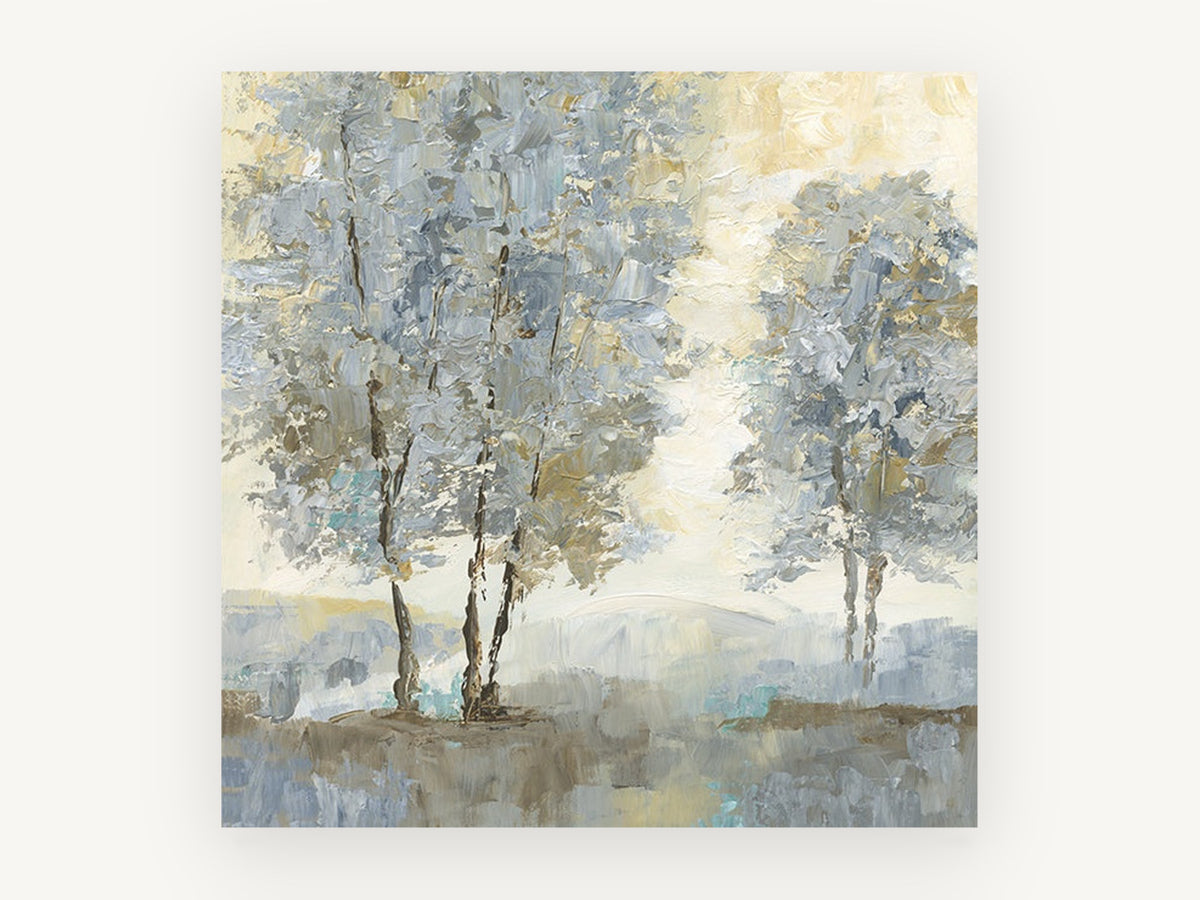 Silver Birch Haze, soft grey trees textured landscape, landscape canvas wall art print, front view