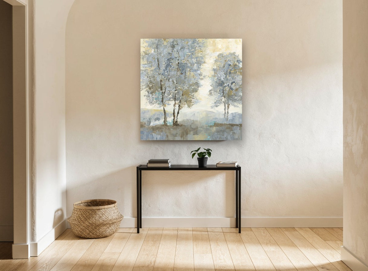 Silver Birch Haze landscape canvas print on the wall of a hallway