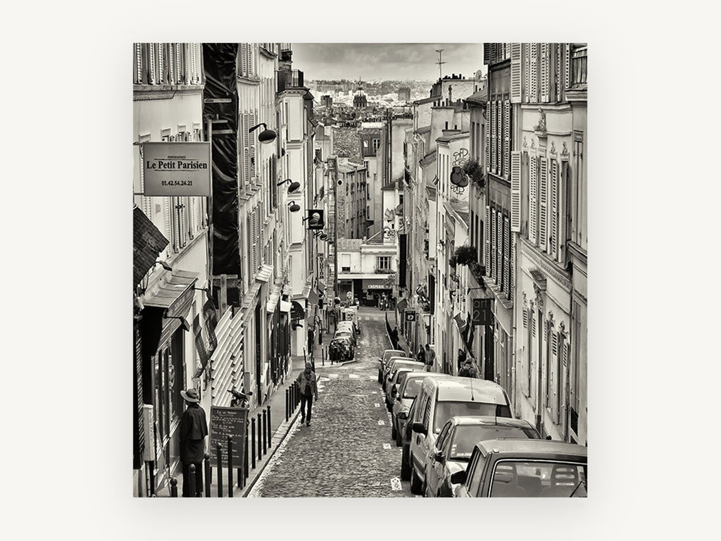 Montmartre Hill Descent, paris street black and white photograph, city canvas wall art print, front view
