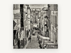 Montmartre Hill Descent, paris street black and white photograph, city canvas wall art print, front view