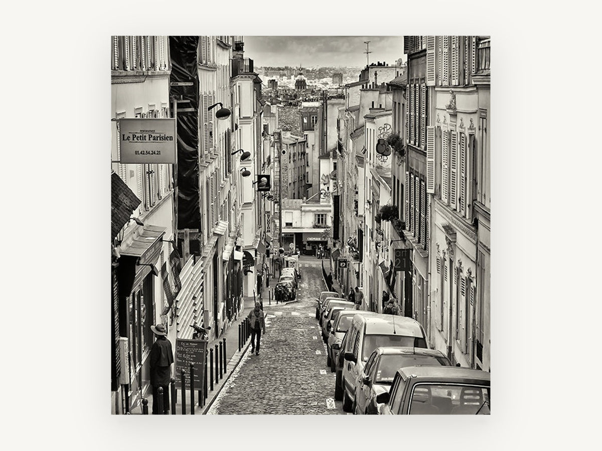 Montmartre Hill Descent, paris street black and white photograph, city canvas wall art print, front view