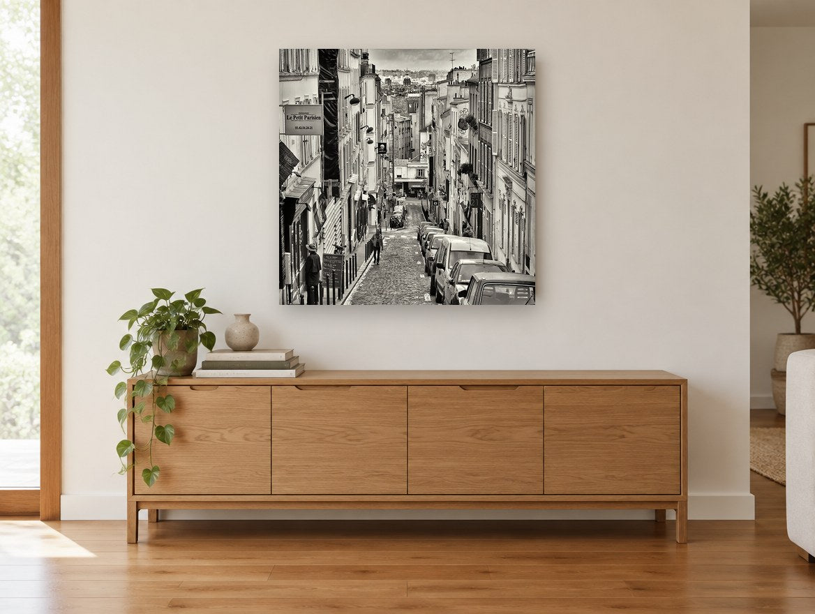 Montmartre Hill Descent city canvas print on the wall of a living room above a sideboard