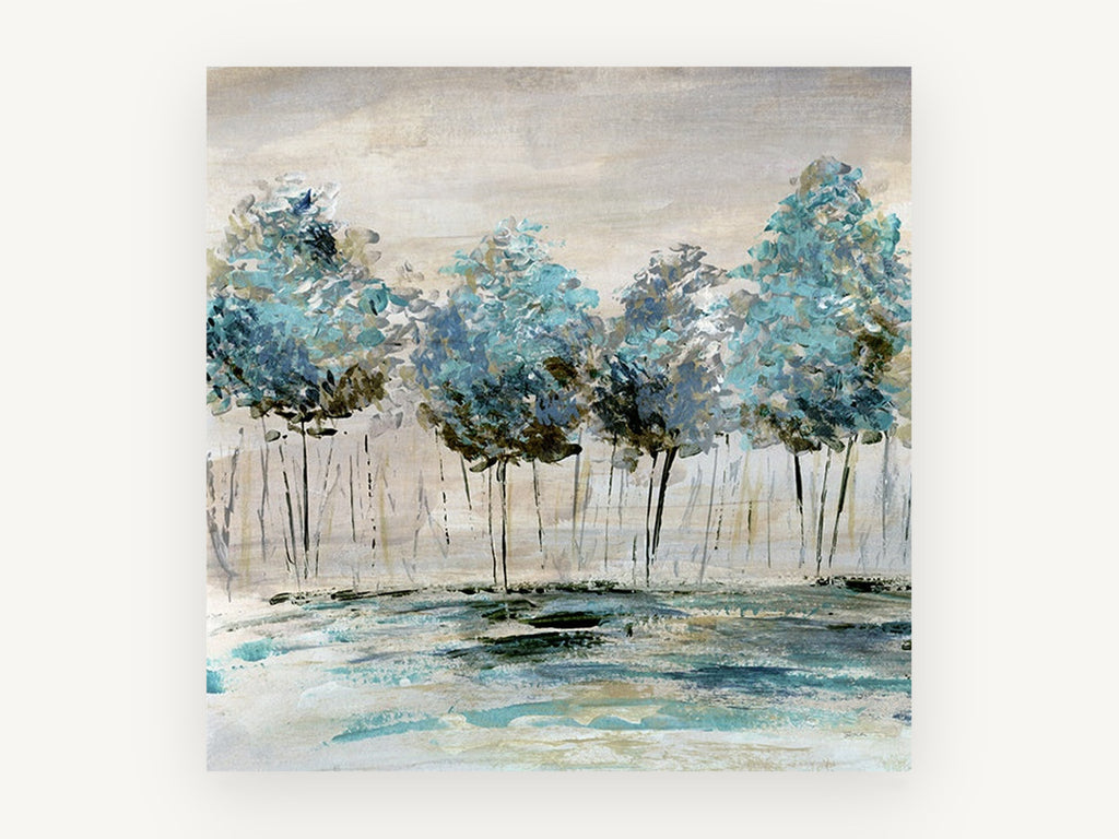 Teal Grove Reflections, teal trees abstract landscape painting, landscape canvas wall art print, front view