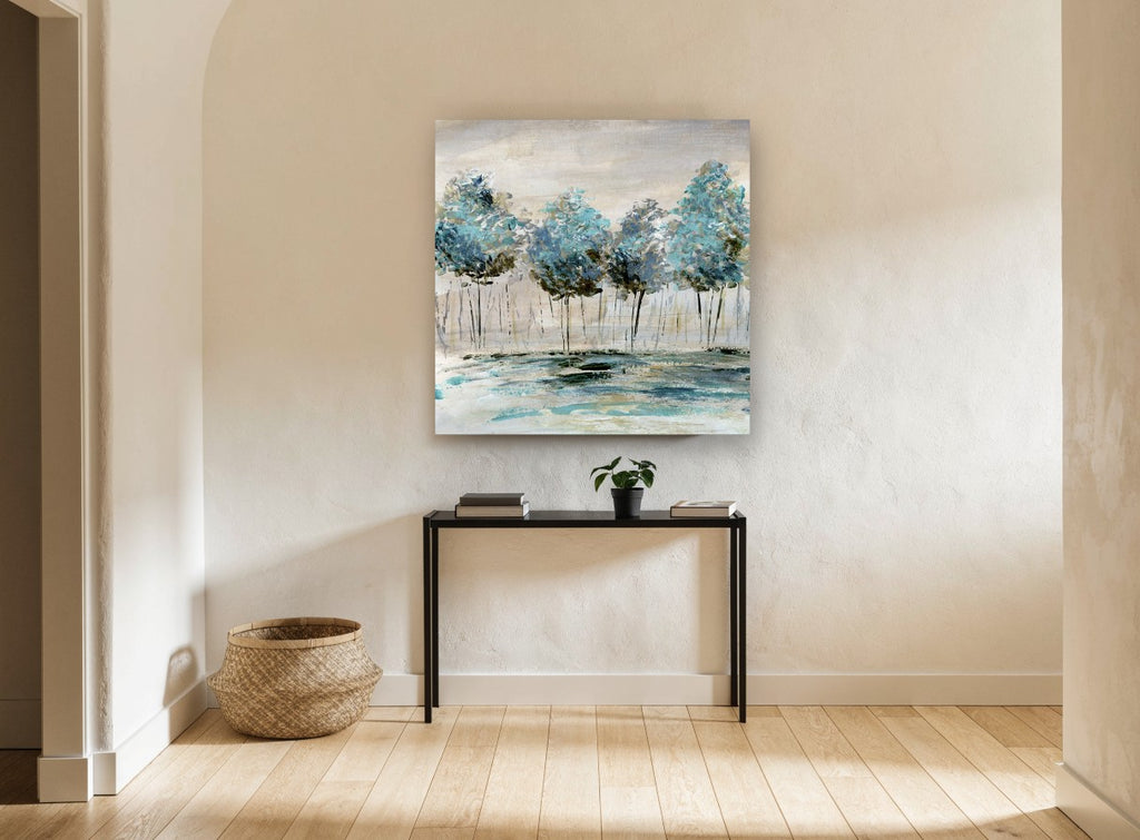 Teal Grove Reflections landscape canvas print on the wall of a hallway