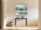 Teal Grove Reflections landscape canvas print on the wall of a hallway