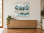 Teal Grove Reflections landscape canvas print on the wall of a living room above a sideboard