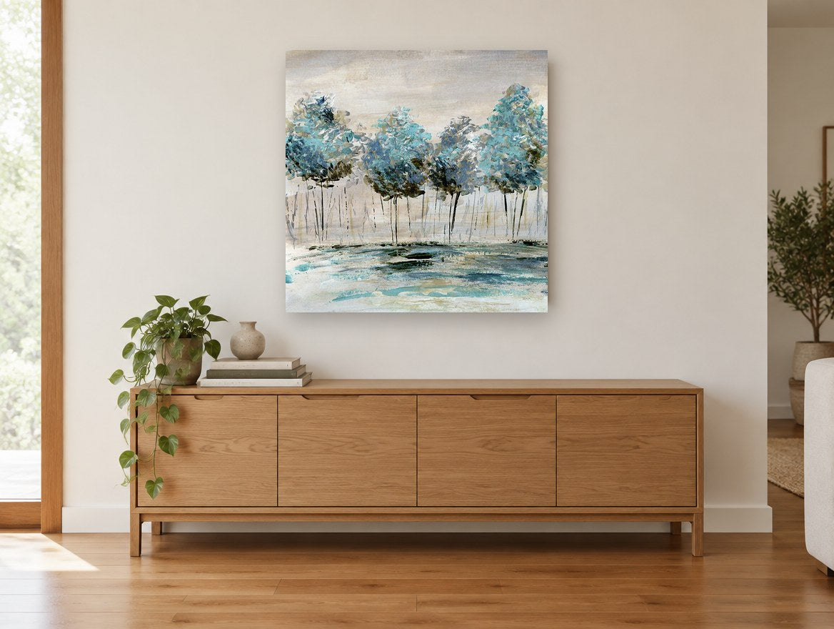Teal Grove Reflections landscape canvas print on the wall of a living room above a sideboard