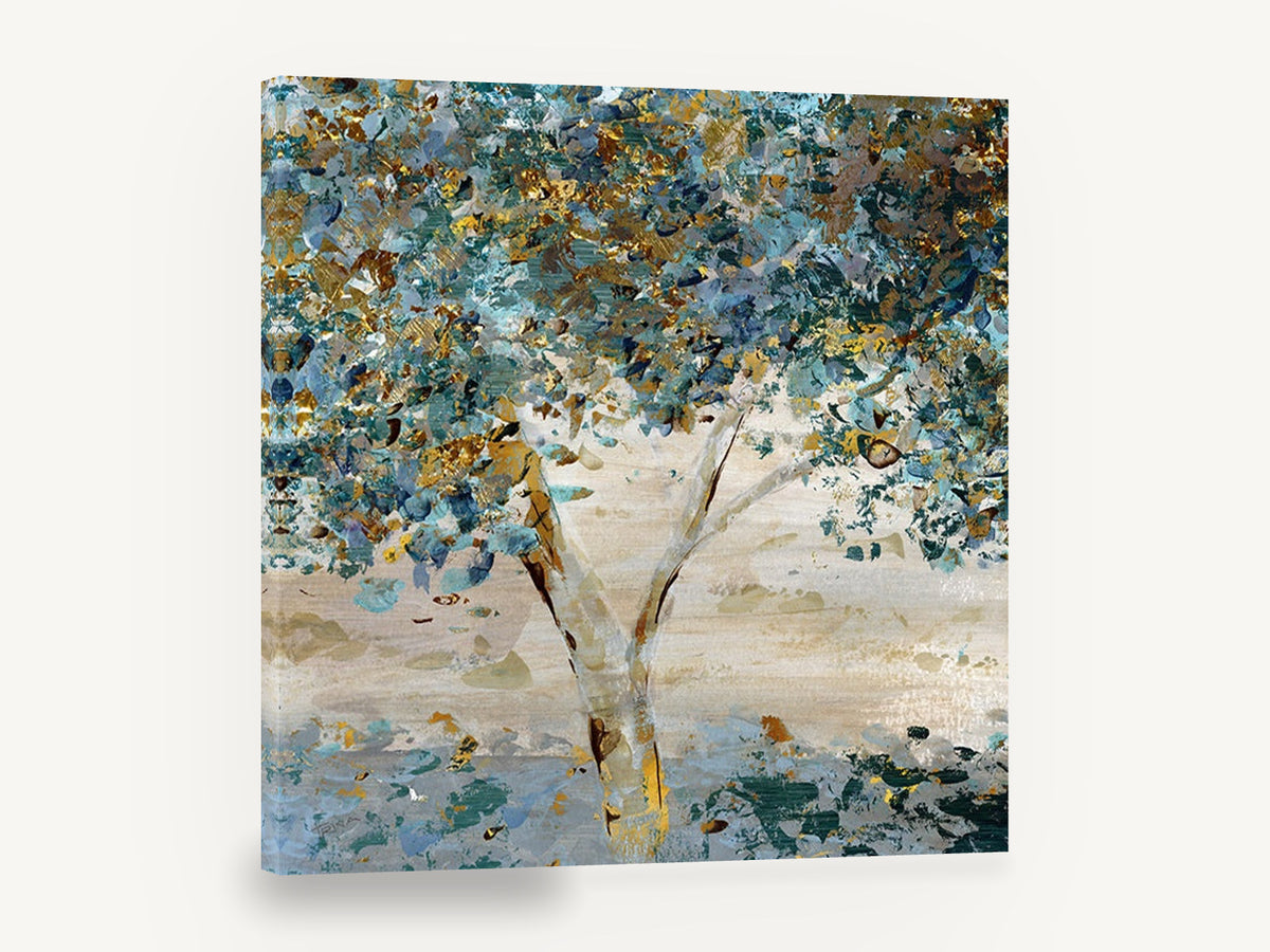 Twilight Canopy, teal and gold tree abstract painting, landscape canvas wall art print ready to hang