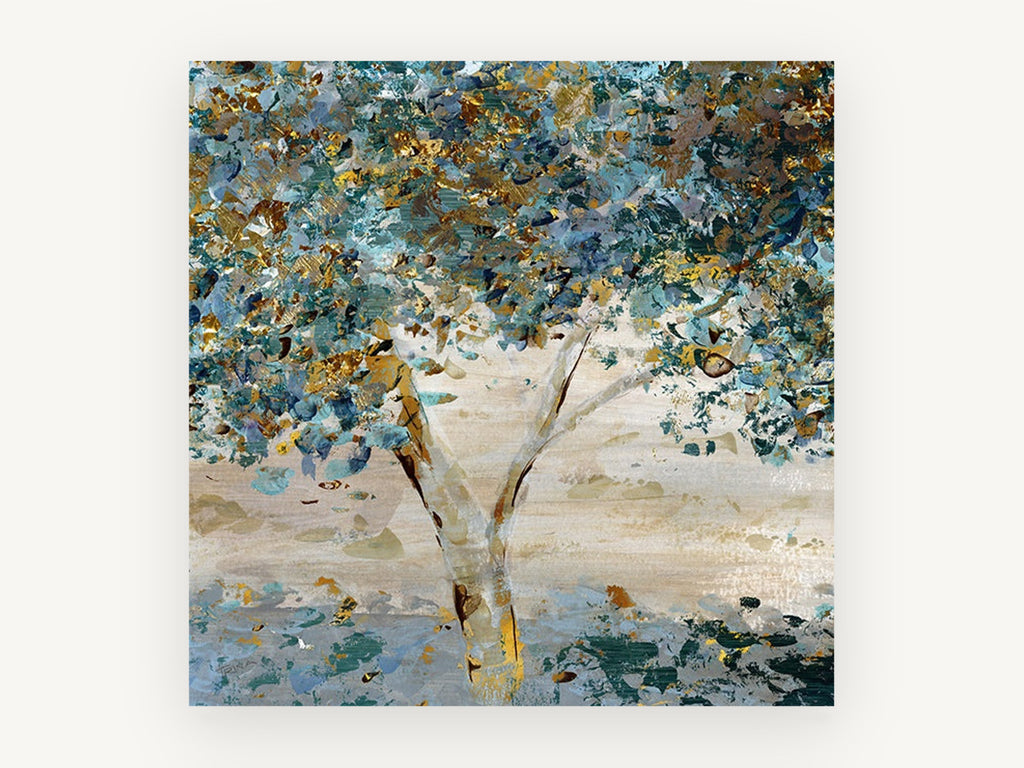 Twilight Canopy, teal and gold tree abstract painting, landscape canvas wall art print, front view