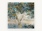 Twilight Canopy, teal and gold tree abstract painting, landscape canvas wall art print, front view