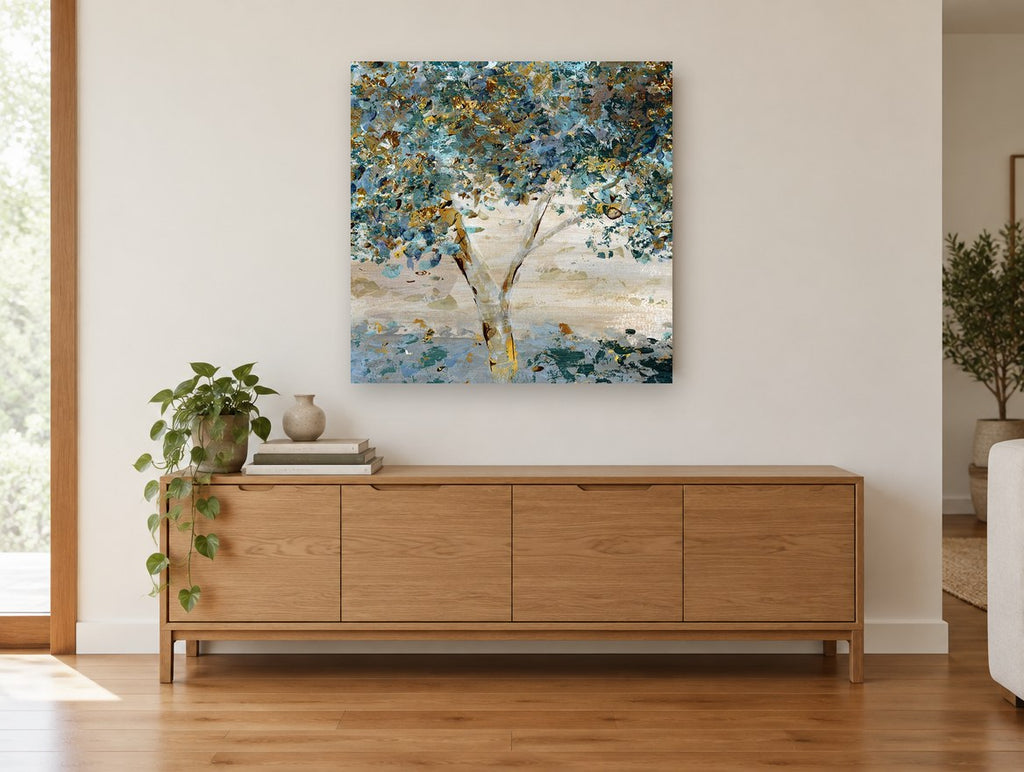 Twilight Canopy landscape canvas print on the wall of a living room above a sideboard