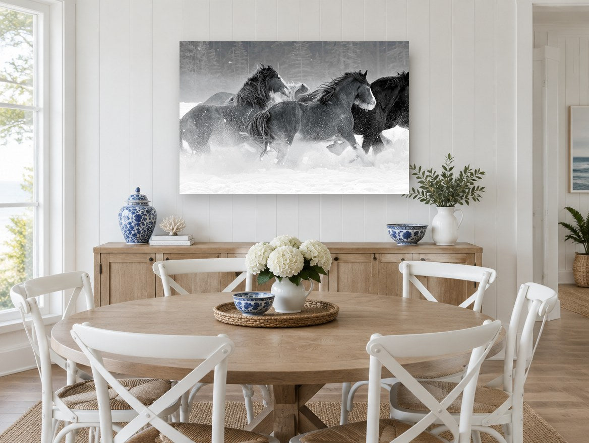Galloping Through Snow landscape canvas print on the wall of a Hamptons dining room