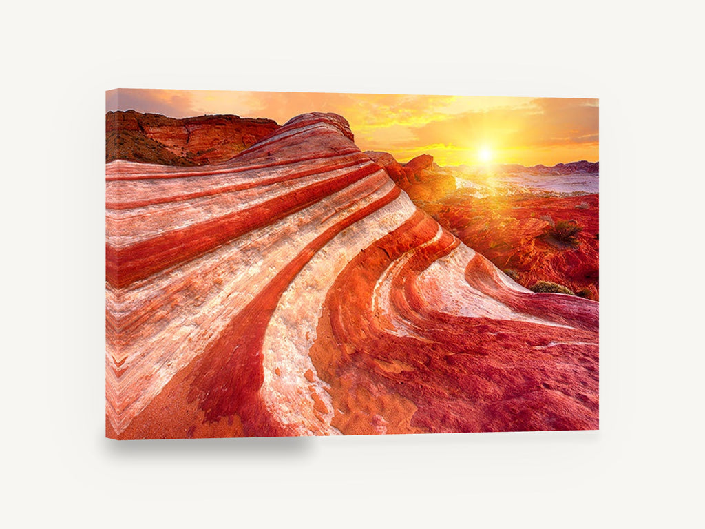 Banded Sandstone Sunrise, red striped sandstone desert sunset photograph, landscape canvas wall art print ready to hang