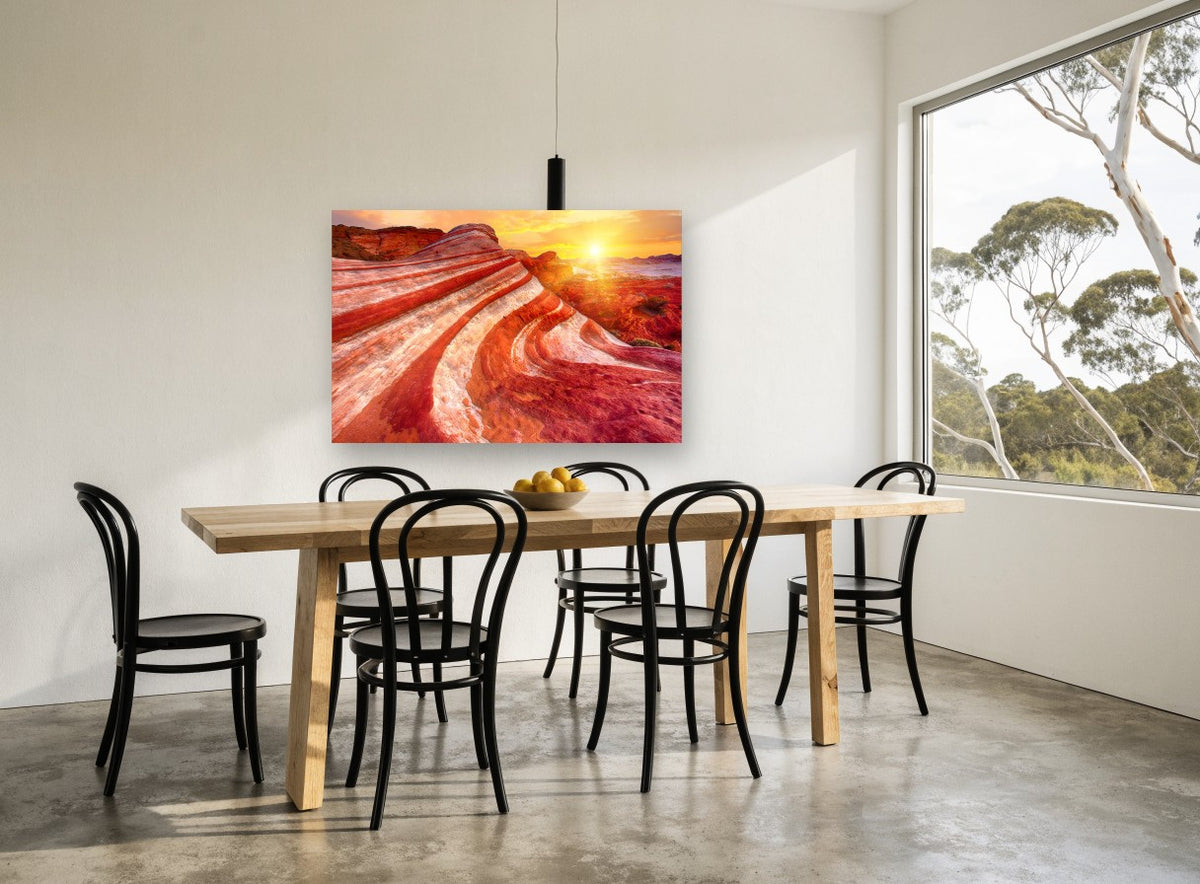 Banded Sandstone Sunrise landscape canvas print on the wall of a dining room