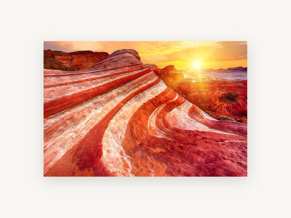 Banded Sandstone Sunrise, red striped sandstone desert sunset photograph, landscape canvas wall art print, front view