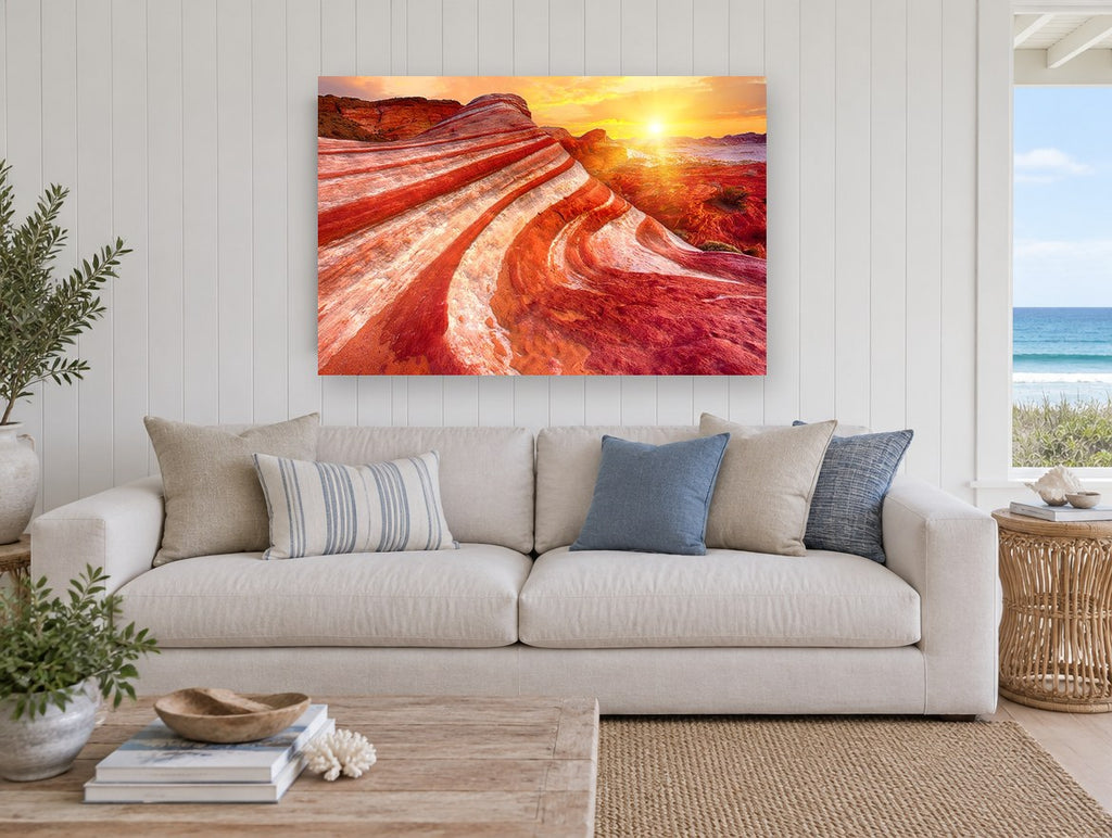 Banded Sandstone Sunrise landscape canvas print on the wall of a beach house living room