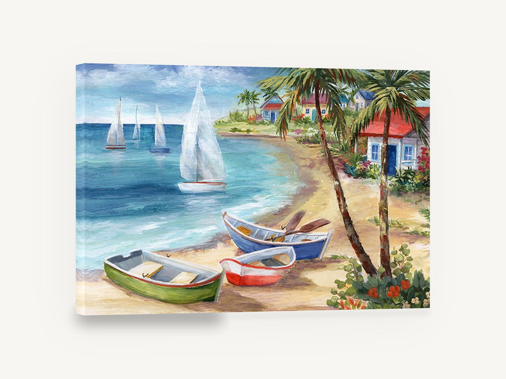 Rowboats and Palms Cove, beach rowboats palm trees seascape, coastal canvas wall art print ready to hang