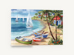 Rowboats and Palms Cove, beach rowboats palm trees seascape, coastal canvas wall art print ready to hang