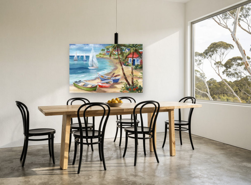 Rowboats and Palms Cove coastal canvas print on the wall of a dining room