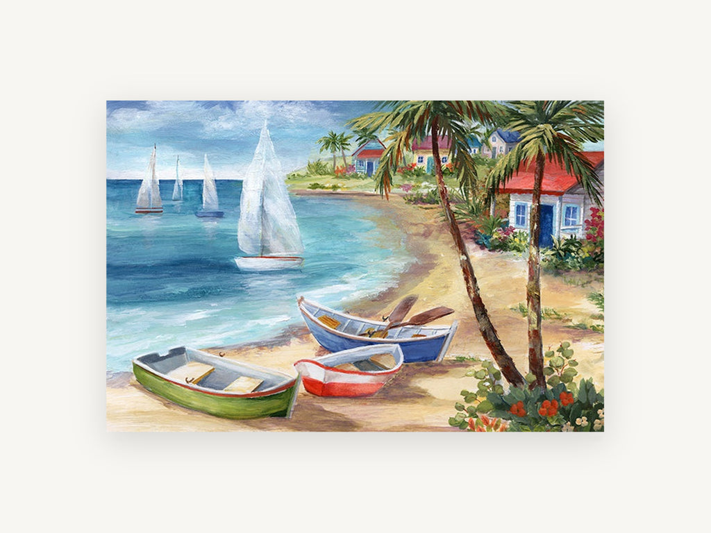 Rowboats and Palms Cove, coastal canvas wall art print, front view