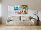 Rowboats and Palms Cove coastal canvas print on the wall of a living room
