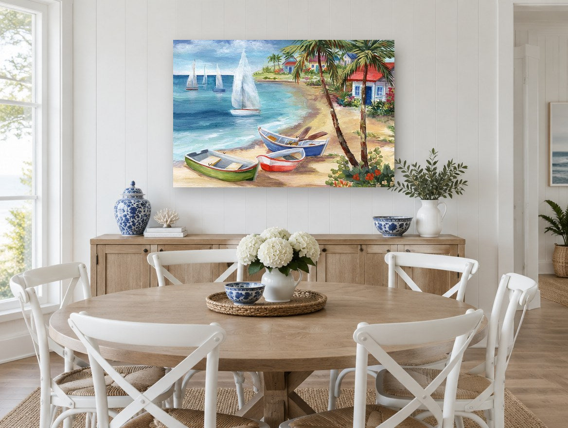Rowboats and Palms Cove coastal canvas print on the wall of a Hamptons dining room