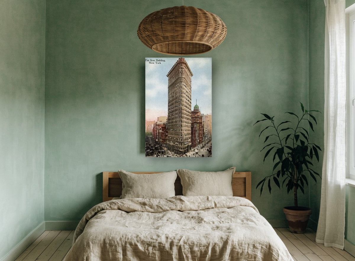 Flatiron Postcard Vintage city canvas print on the wall of a bedroom