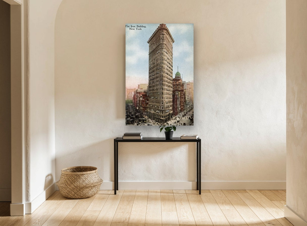 Flatiron Postcard Vintage city canvas print on the wall of a hallway