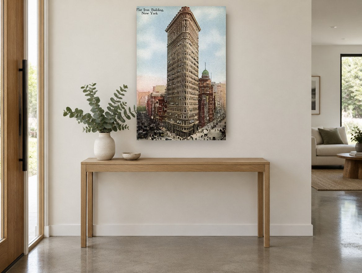 Flatiron Postcard Vintage city canvas print on the wall of a entry hall