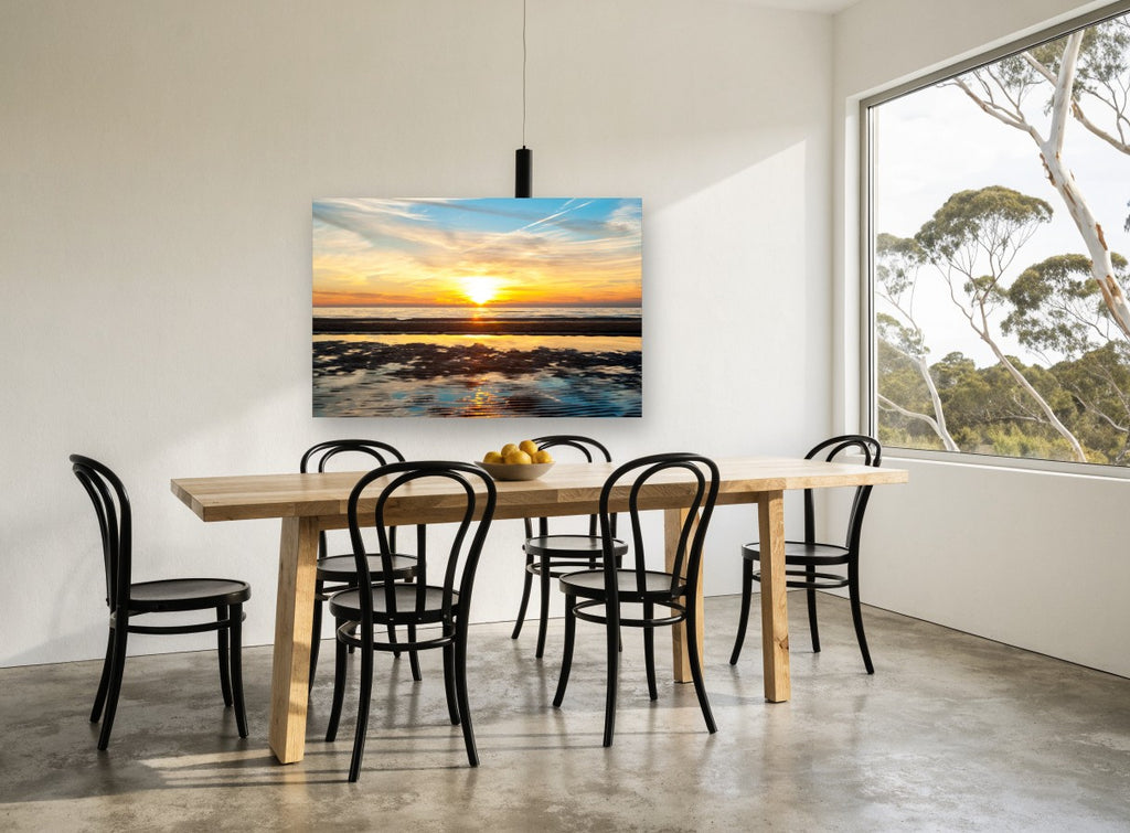 Golden Tidal Flats coastal canvas print on the wall of a dining room