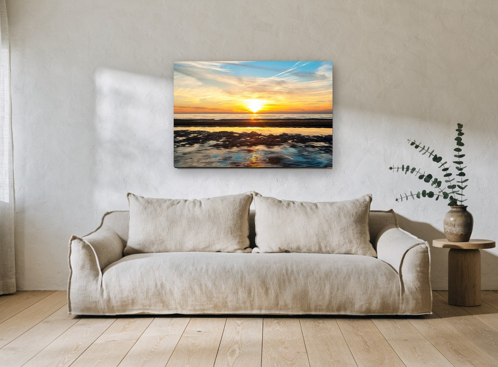 Golden Tidal Flats coastal canvas print on the wall of a living room