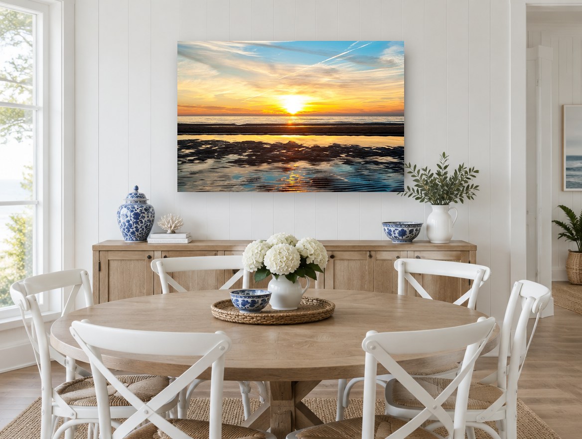 Golden Tidal Flats coastal canvas print on the wall of a Hamptons dining room
