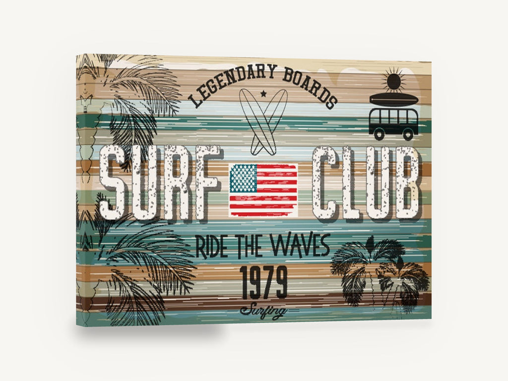 Legendary Boards Surf Club, vintage surf club wood sign, stretched canvas wall art print ready to hang
