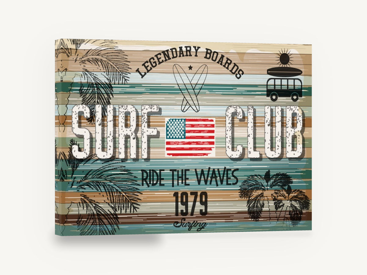 Legendary Boards Surf Club, vintage surf club wood sign, stretched canvas wall art print ready to hang