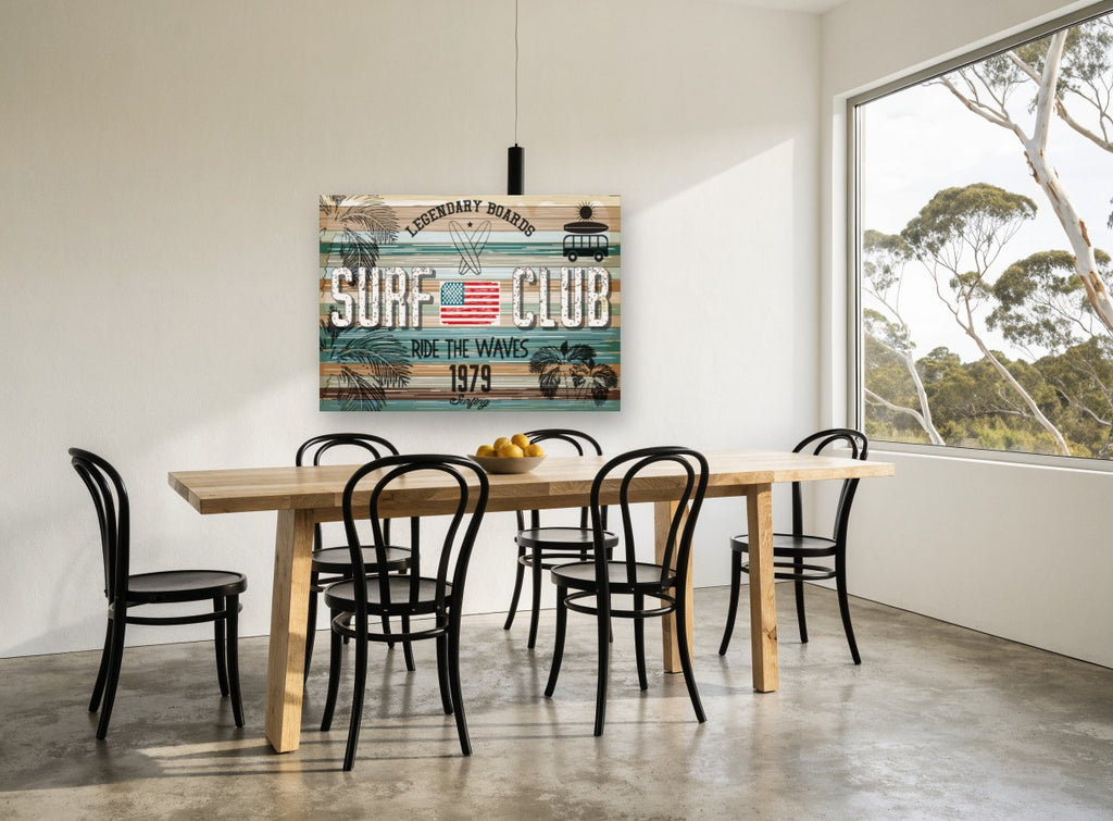 Legendary Boards Surf Club vintage canvas print on the wall of a dining room