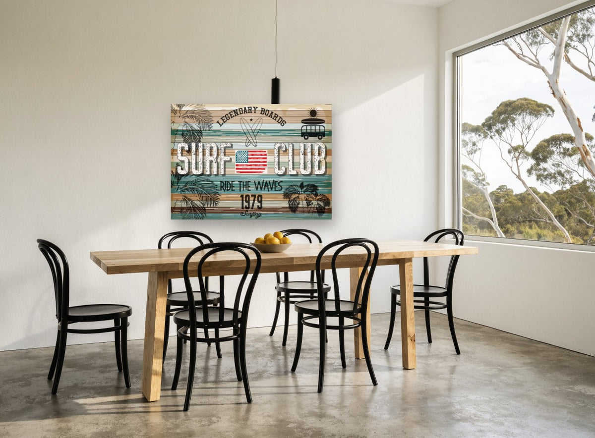 Legendary Boards Surf Club vintage canvas print on the wall of a dining room