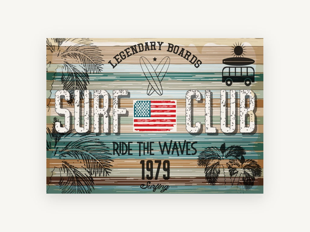 Legendary Boards Surf Club, vintage canvas wall art print, front view